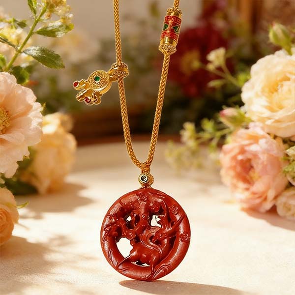 H179 Cinnabar Necklace: Blooming Deer Cinnabar Talisman