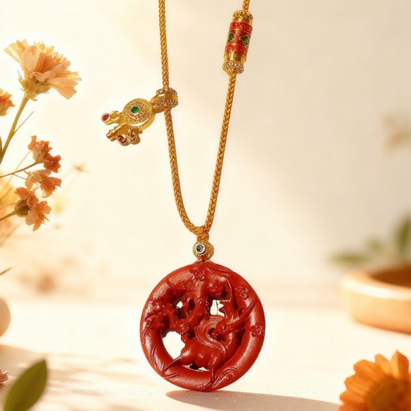 一鹿花开朱砂牌_WH_1000x1000px.jpg H179 Cinnabar Necklace: Blooming Deer Cinnabar Talisman