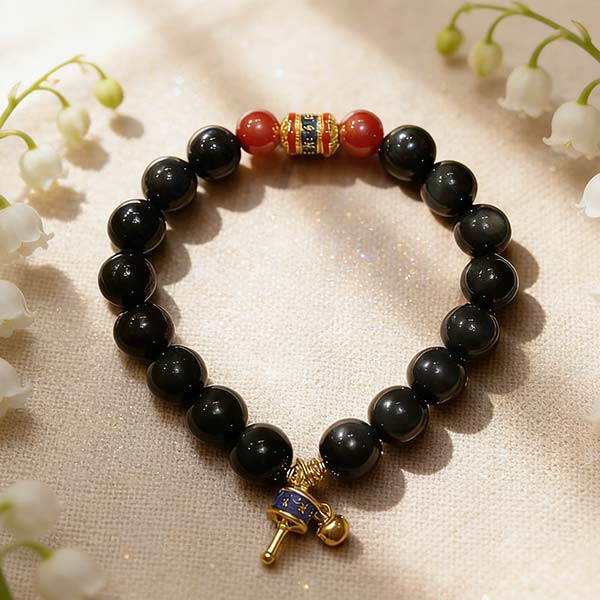 H169 Bracelet: Obsidian Six-Syllable Mantra